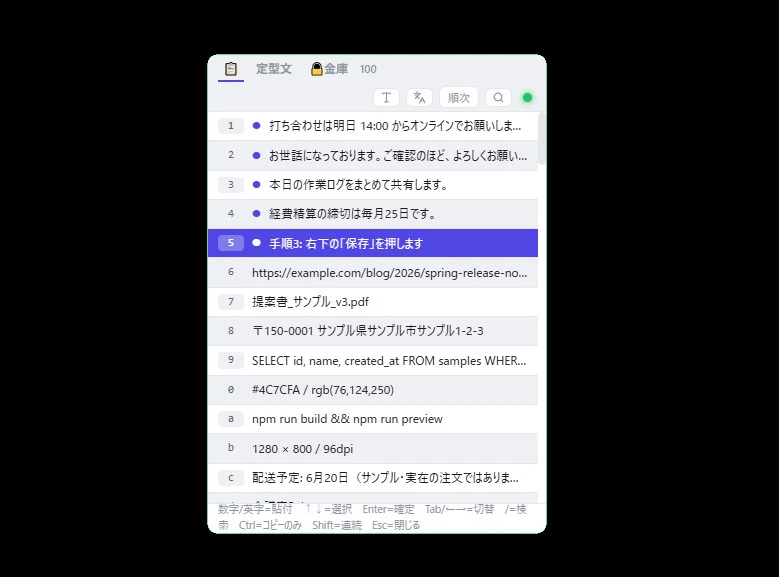 Capture Core のクリップ呼び出しポップアップ。上部に「クリップボード」「定型文」「金庫」のタブと件数の100、各行の左に 1〜9・0・a・b・c のキーが振られ、打ち合わせの連絡文・URL・住所・SQL・色コードなどのコピー履歴が並んでいる。最下部に「数字/英字=貼付　↑↓=選択　Enter=確定　Tab/←→=切替　/=検索　Ctrl=コピーのみ　Shift=連続　Esc=閉じる」の案内がある