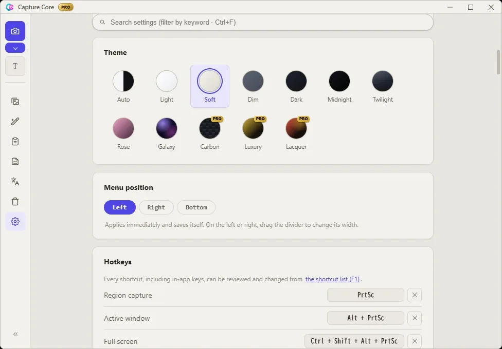 The Capture Core settings screen showing theme, menu position and hotkey options.