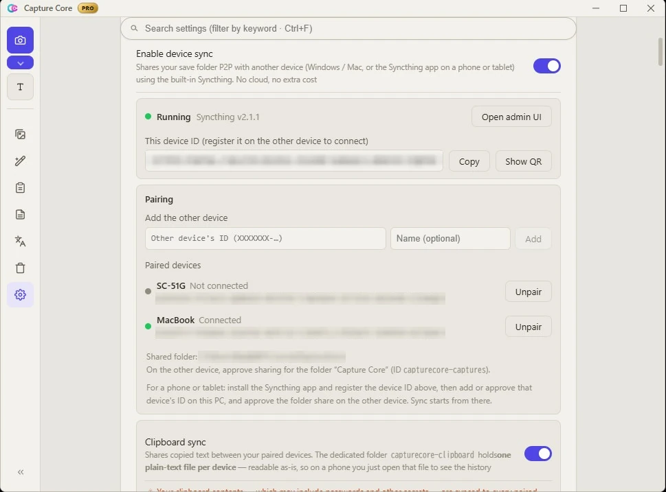 Capture Core settings screen: the device-sync section shows the built-in Syncthing running with two paired devices, plus clipboard sync — no cloud, no extra cost