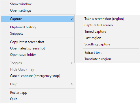 The Capture Core tray icon right-clicked, with the Capture submenu open: Take a screenshot (region), Capture full screen, Timed capture, Last region, Scrolling capture, Extract text and Translate a region.